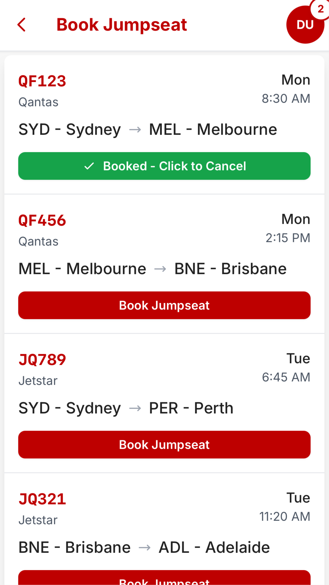 Book Jumpseat screen